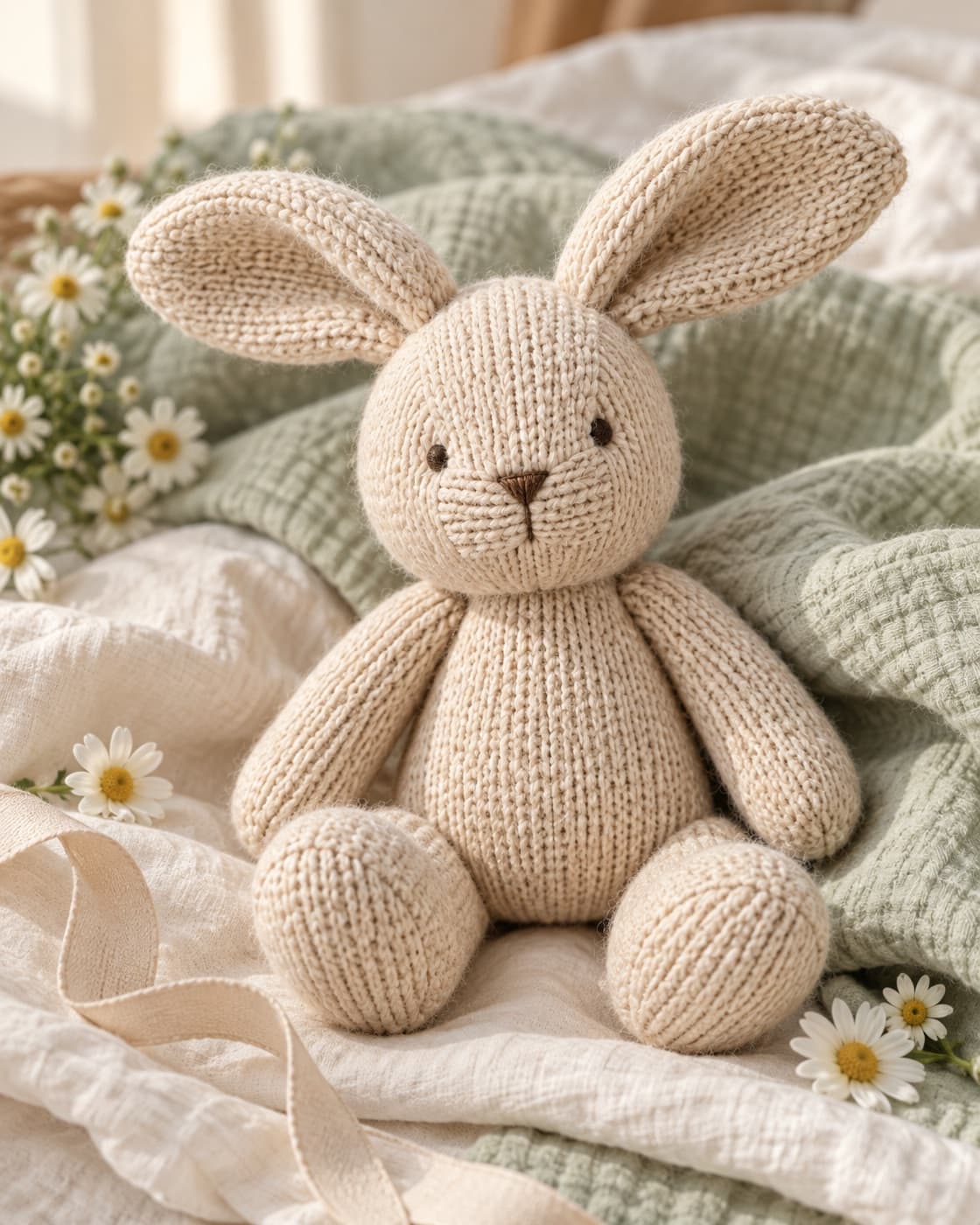 AI-generated: A knitted bunny sits on a pale blanket among daisies.