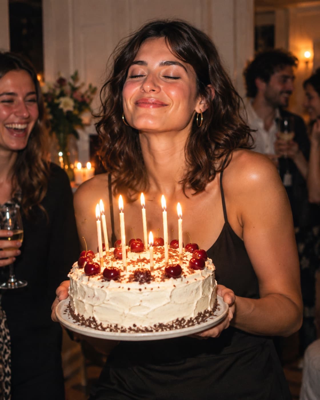 AI-generated: A woman carries a cake with lit candles through a room full of guests.