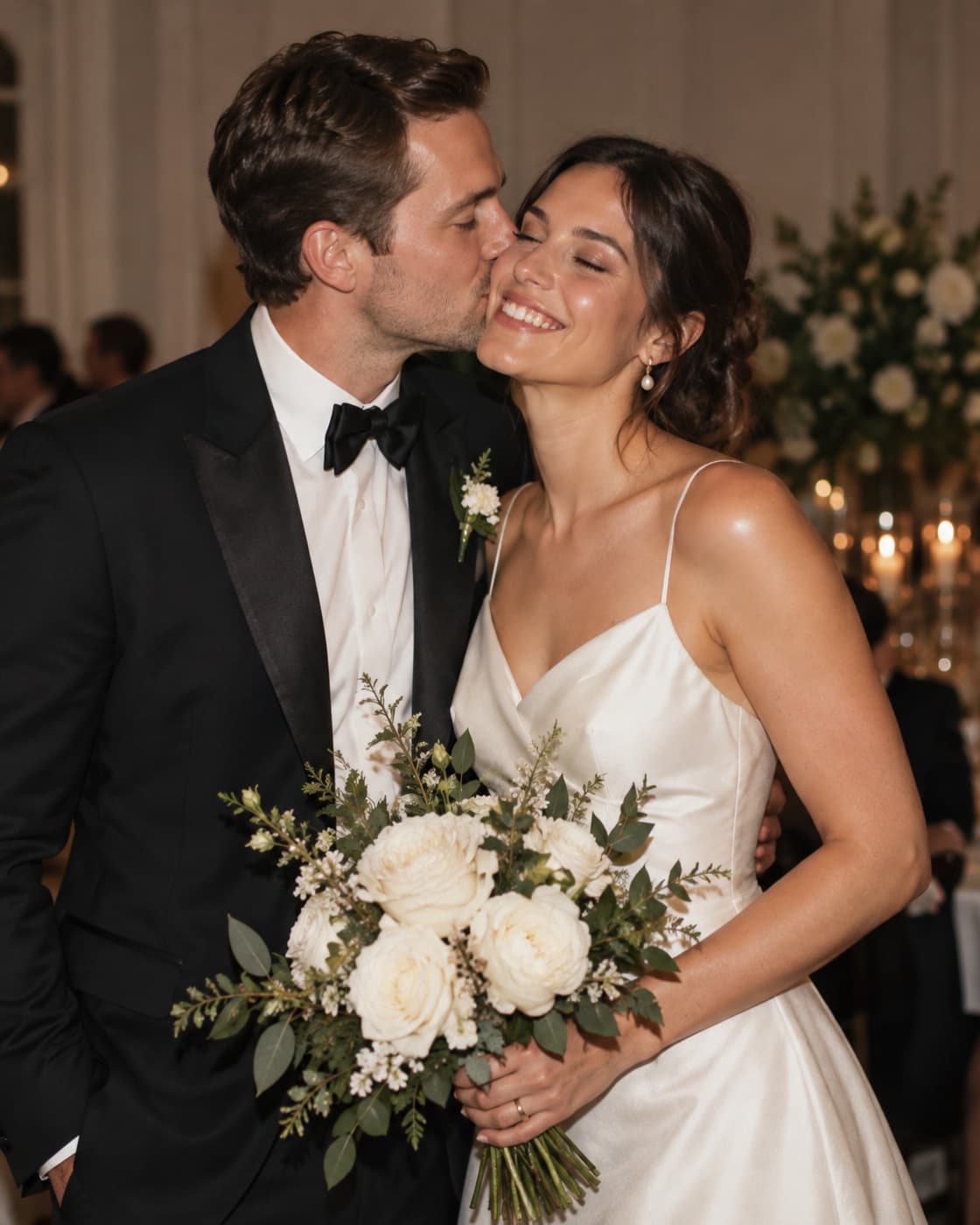 AI-generated: A newly married couple, he kisses her cheek, she holds a white bouquet.