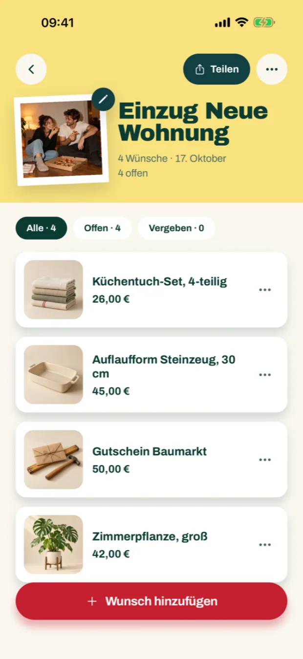 KI-generiert: Die App mine, thanks. auf dem iPhone – eine Wunschliste mit vier Wünschen, oben ein Polaroid von einem Paar beim Pizzaessen auf dem Boden.