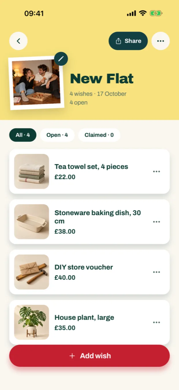 AI-generated: The mine, thanks. app on an iPhone – a wishlist with four wishes, topped by a polaroid of a couple eating pizza on the floor.