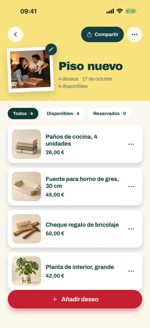 Imagen generada por IA: La app mine, thanks. en un iPhone – una lista de deseos con cuatro deseos y, arriba, una polaroid de una pareja comiendo pizza en el suelo.