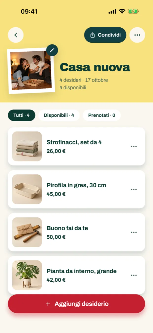 Immagine generata con IA: L'app mine, thanks. su un iPhone – una lista dei desideri con quattro desideri e, in alto, una polaroid di una coppia che mangia la pizza sul pavimento.